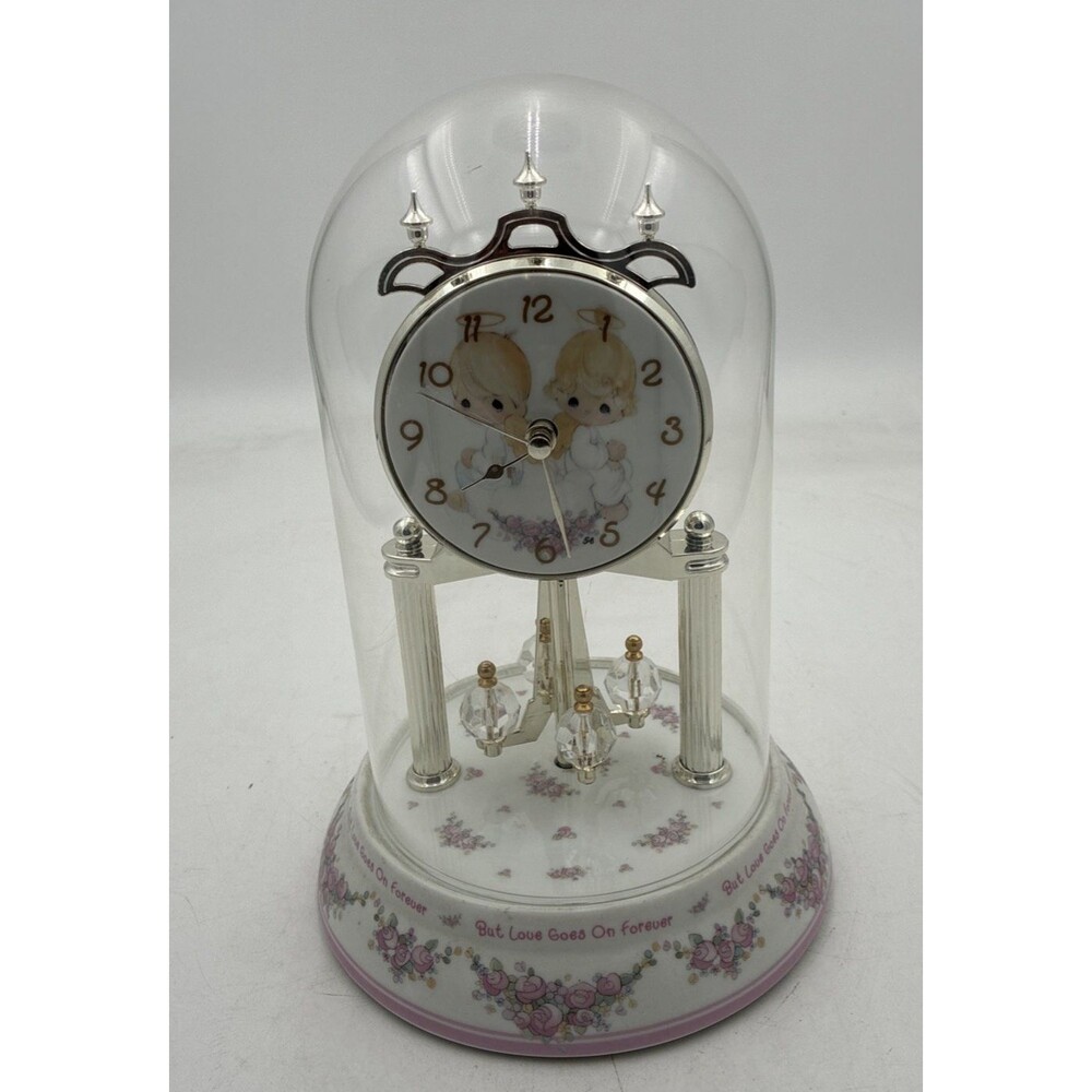 Vintage 2001 Precious Moments Clock With glass Dome “But Love Goes On Forever”